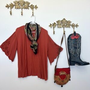 Burnt orange eyelet belle sleeve duster M